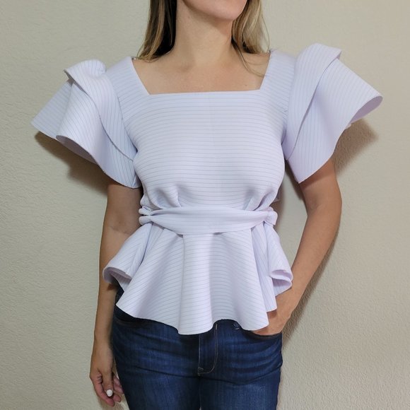 SHEIN Tops - Shein White Top XS Stripe Short Sleeve Avant Garde Peplum Foam Womens